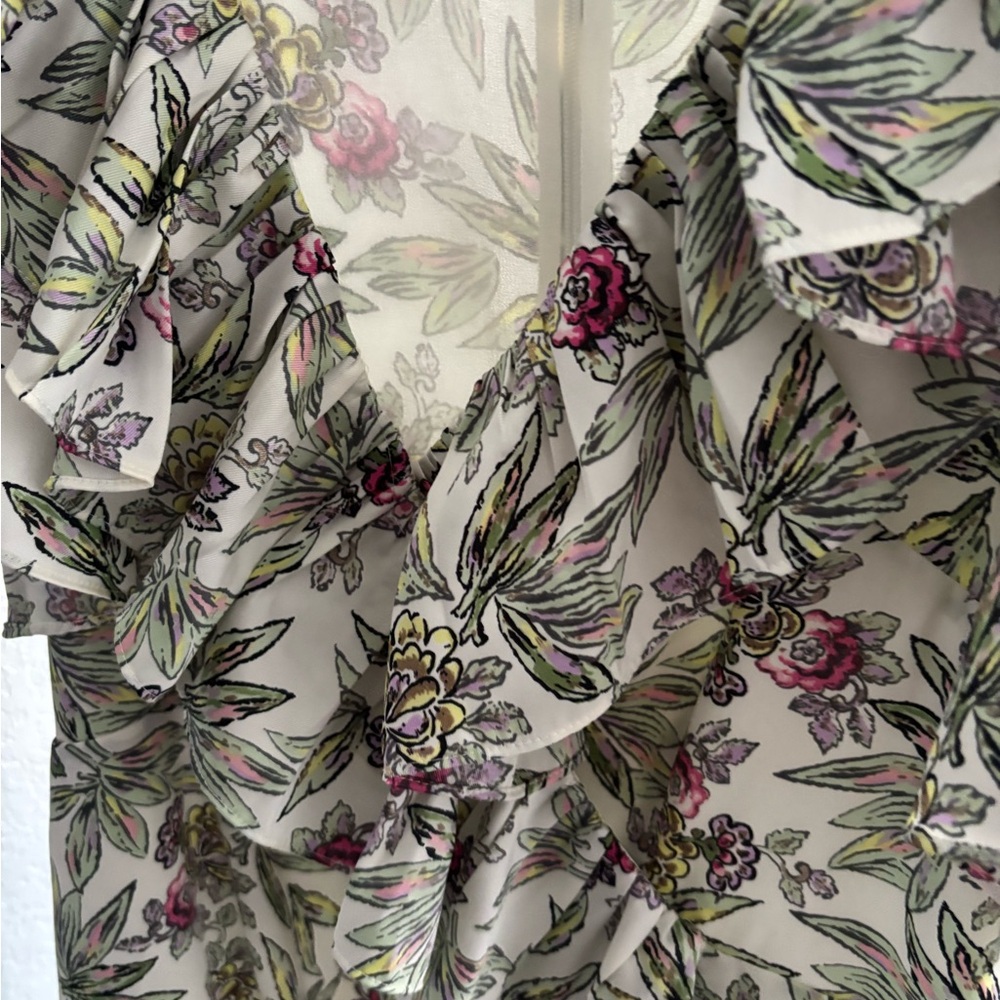 cinq a sept Floral V-Neck Dress in Cream with Pink & Green - Picture 3 of 8
